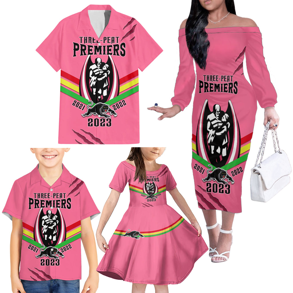nrl-panthers-family-matching-off-shoulder-long-sleeve-dress-and-hawaiian-shirt-premiers-2023-three-peat-proud-of-our-boys-pink