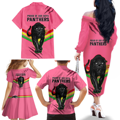 nrl-panthers-family-matching-off-shoulder-long-sleeve-dress-and-hawaiian-shirt-premiers-2023-three-peat-proud-of-our-boys-pink