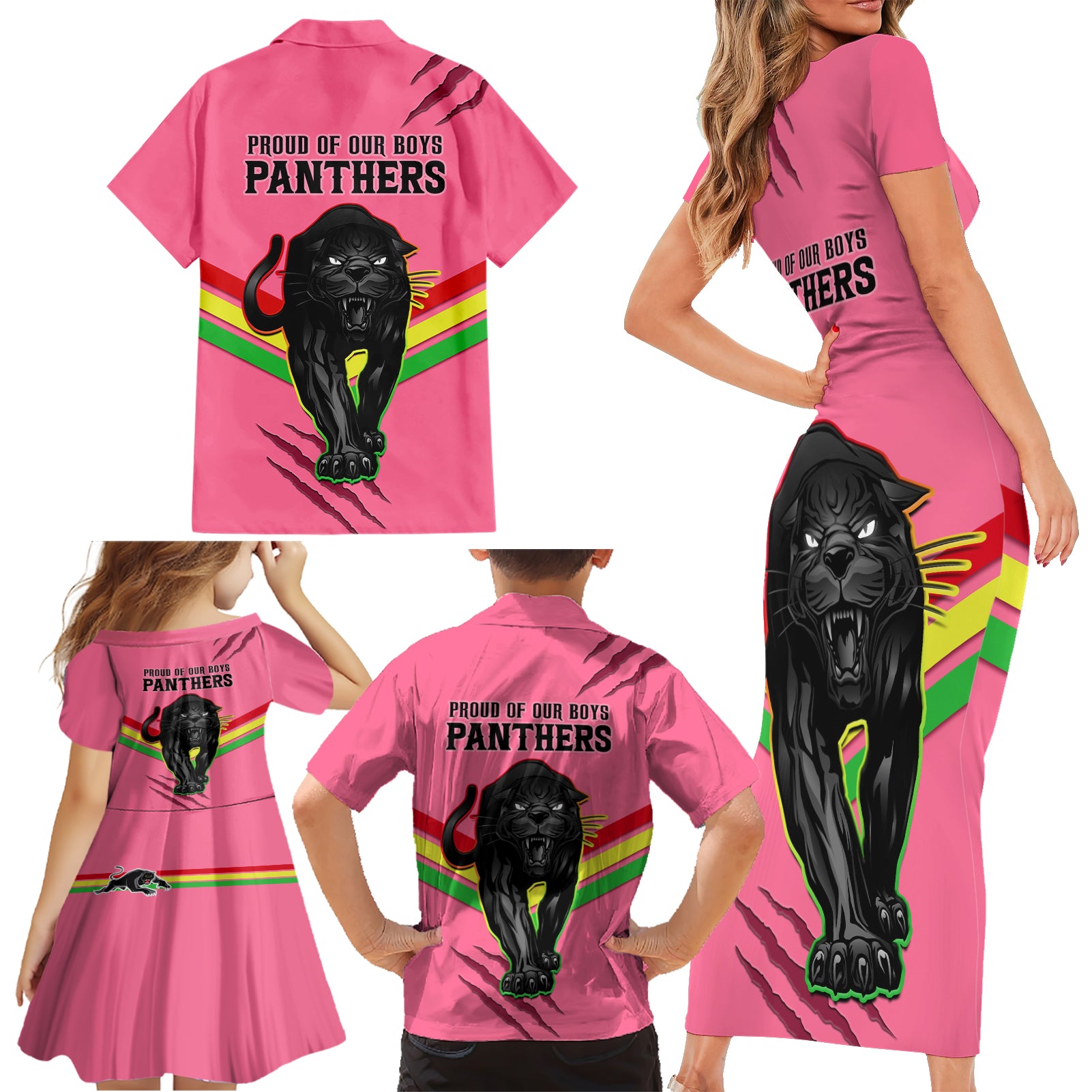 nrl-panthers-family-matching-short-sleeve-bodycon-dress-and-hawaiian-shirt-premiers-2023-three-peat-proud-of-our-boys-pink