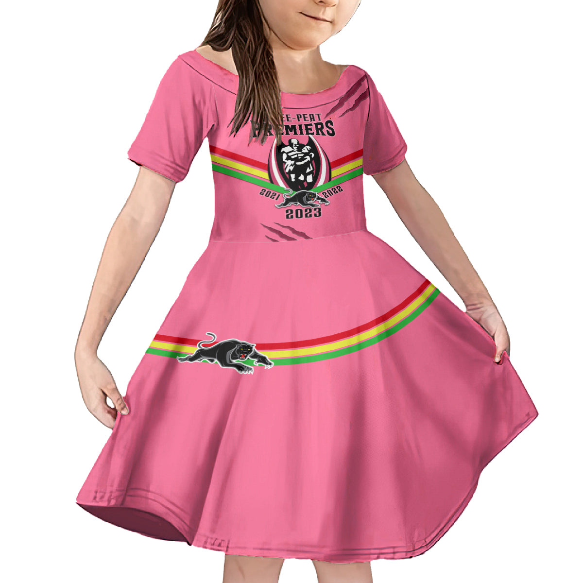 nrl-panthers-kid-short-sleeve-dress-premiers-2023-three-peat-proud-of-our-boys-pink
