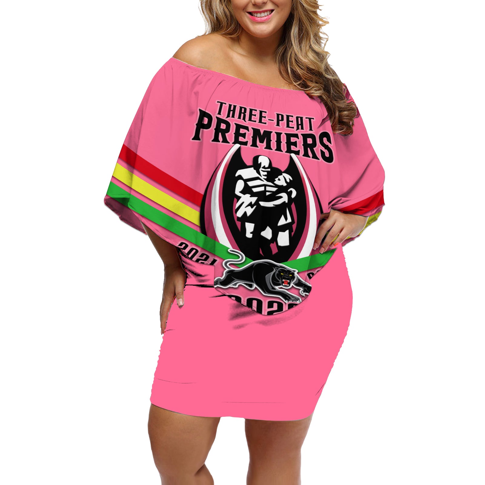 nrl-panthers-off-shoulder-short-dress-premiers-2023-three-peat-proud-of-our-boys-pink
