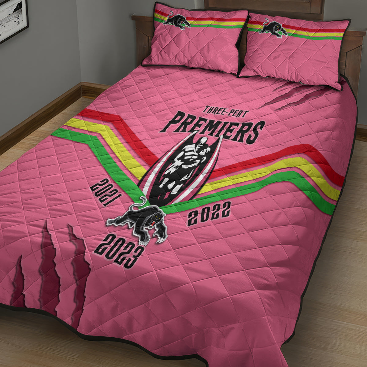 nrl-panthers-quilt-bed-set-premiers-2023-three-peat-proud-of-our-boys-pink