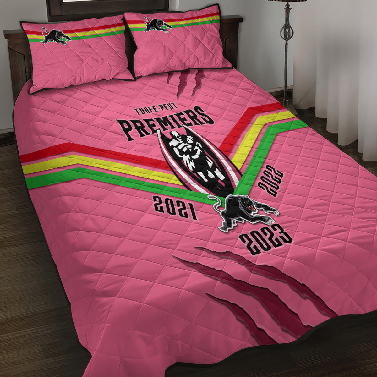 nrl-panthers-quilt-bed-set-premiers-2023-three-peat-proud-of-our-boys-pink