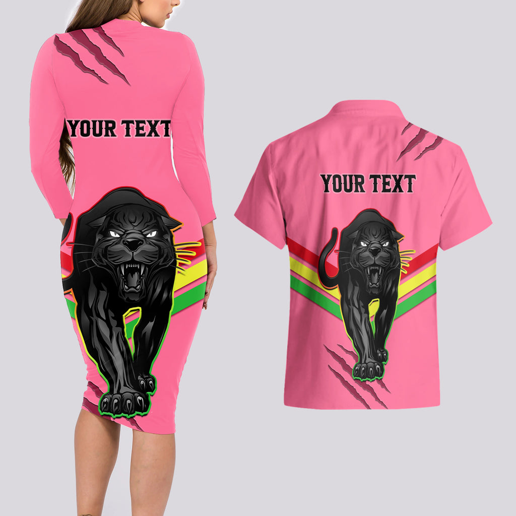 personalised-nrl-panthers-couples-matching-long-sleeve-bodycon-dress-and-hawaiian-shirt-premiers-2023-three-peat-proud-of-our-boys-pink