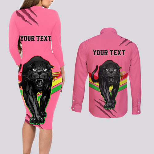 personalised-nrl-panthers-couples-matching-long-sleeve-bodycon-dress-and-long-sleeve-button-shirts-premiers-2023-three-peat-proud-of-our-boys-pink