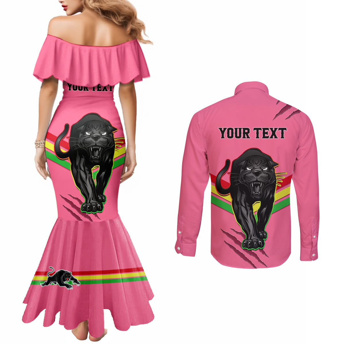 personalised-nrl-panthers-couples-matching-mermaid-dress-and-long-sleeve-button-shirts-premiers-2023-three-peat-proud-of-our-boys-pink