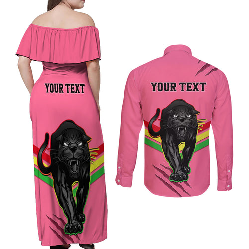 personalised-nrl-panthers-couples-matching-off-shoulder-maxi-dress-and-long-sleeve-button-shirts-premiers-2023-three-peat-proud-of-our-boys-pink
