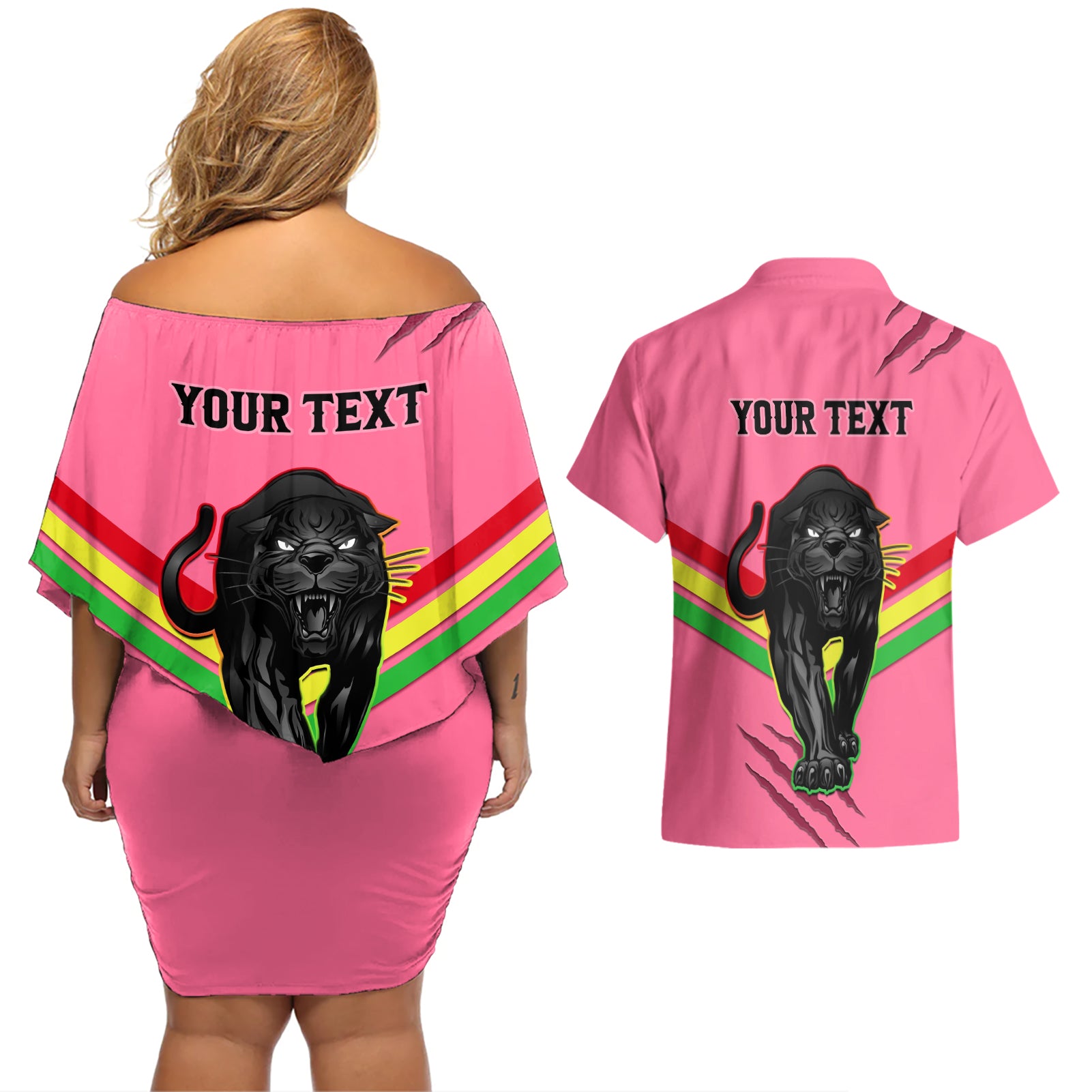 personalised-nrl-panthers-couples-matching-off-shoulder-short-dress-and-hawaiian-shirt-premiers-2023-three-peat-proud-of-our-boys-pink