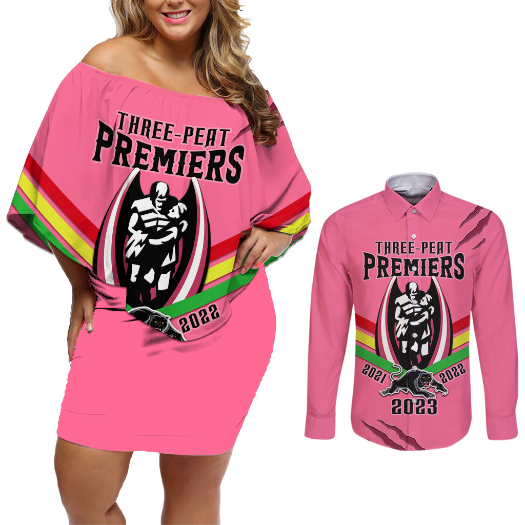 personalised-nrl-panthers-couples-matching-off-shoulder-short-dress-and-long-sleeve-button-shirts-premiers-2023-three-peat-proud-of-our-boys-pink