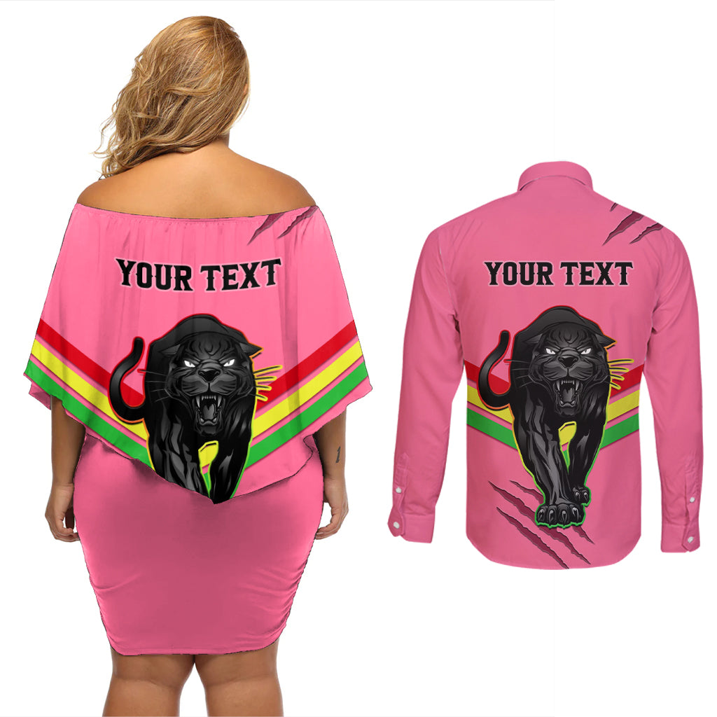 personalised-nrl-panthers-couples-matching-off-shoulder-short-dress-and-long-sleeve-button-shirts-premiers-2023-three-peat-proud-of-our-boys-pink