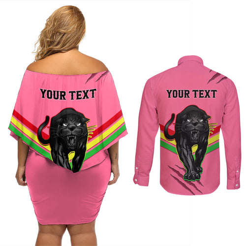 personalised-nrl-panthers-couples-matching-off-shoulder-short-dress-and-long-sleeve-button-shirts-premiers-2023-three-peat-proud-of-our-boys-pink