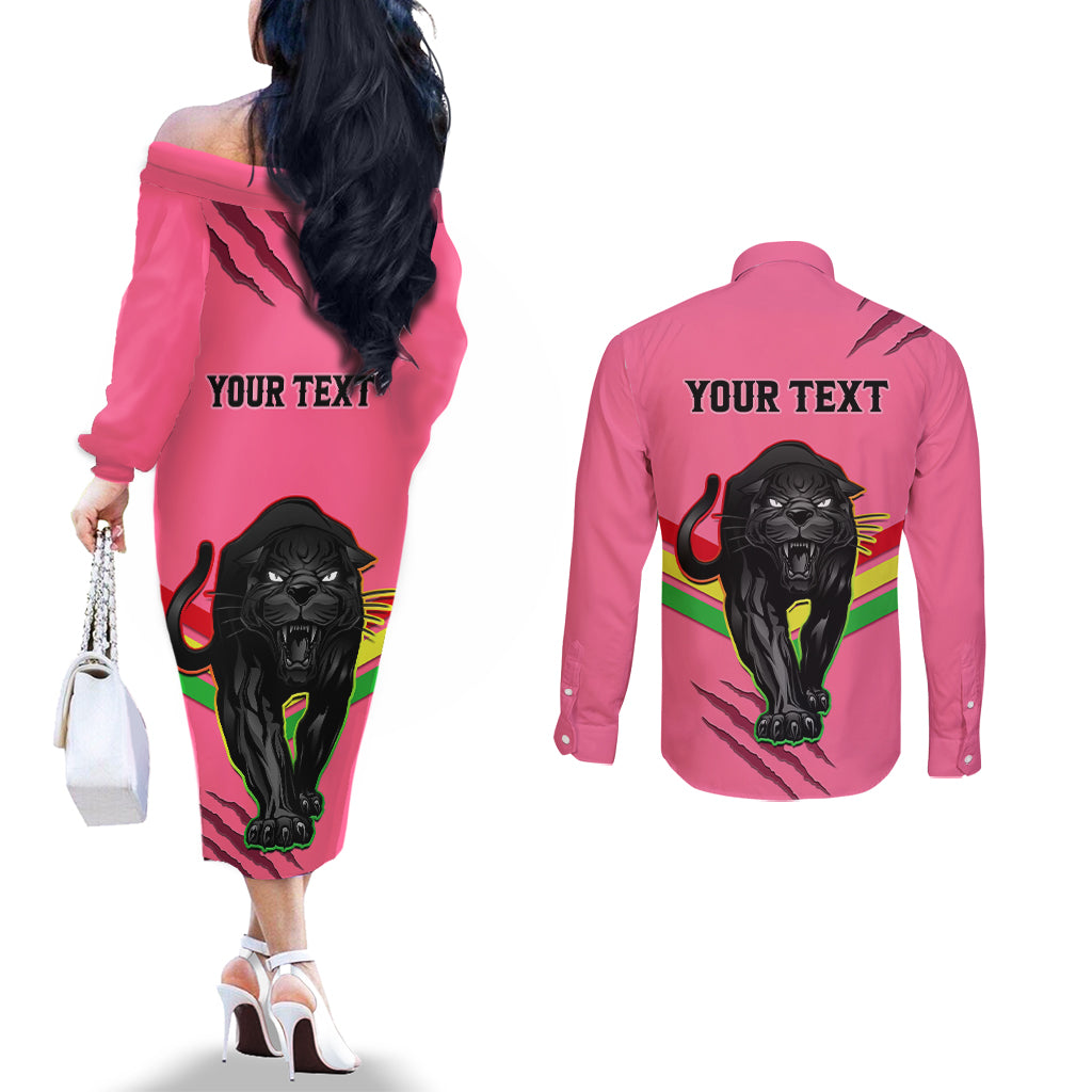 personalised-nrl-panthers-couples-matching-off-the-shoulder-long-sleeve-dress-and-long-sleeve-button-shirts-premiers-2023-three-peat-proud-of-our-boys-pink