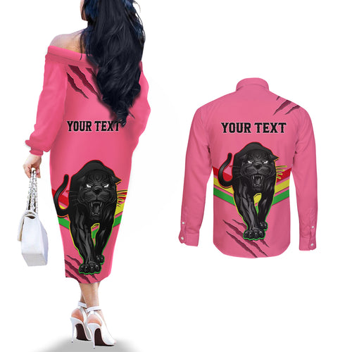 personalised-nrl-panthers-couples-matching-off-the-shoulder-long-sleeve-dress-and-long-sleeve-button-shirts-premiers-2023-three-peat-proud-of-our-boys-pink