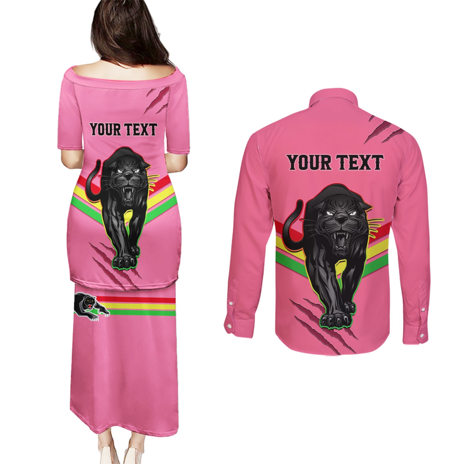 personalised-nrl-panthers-couples-matching-puletasi-dress-and-long-sleeve-button-shirts-premiers-2023-three-peat-proud-of-our-boys-pink