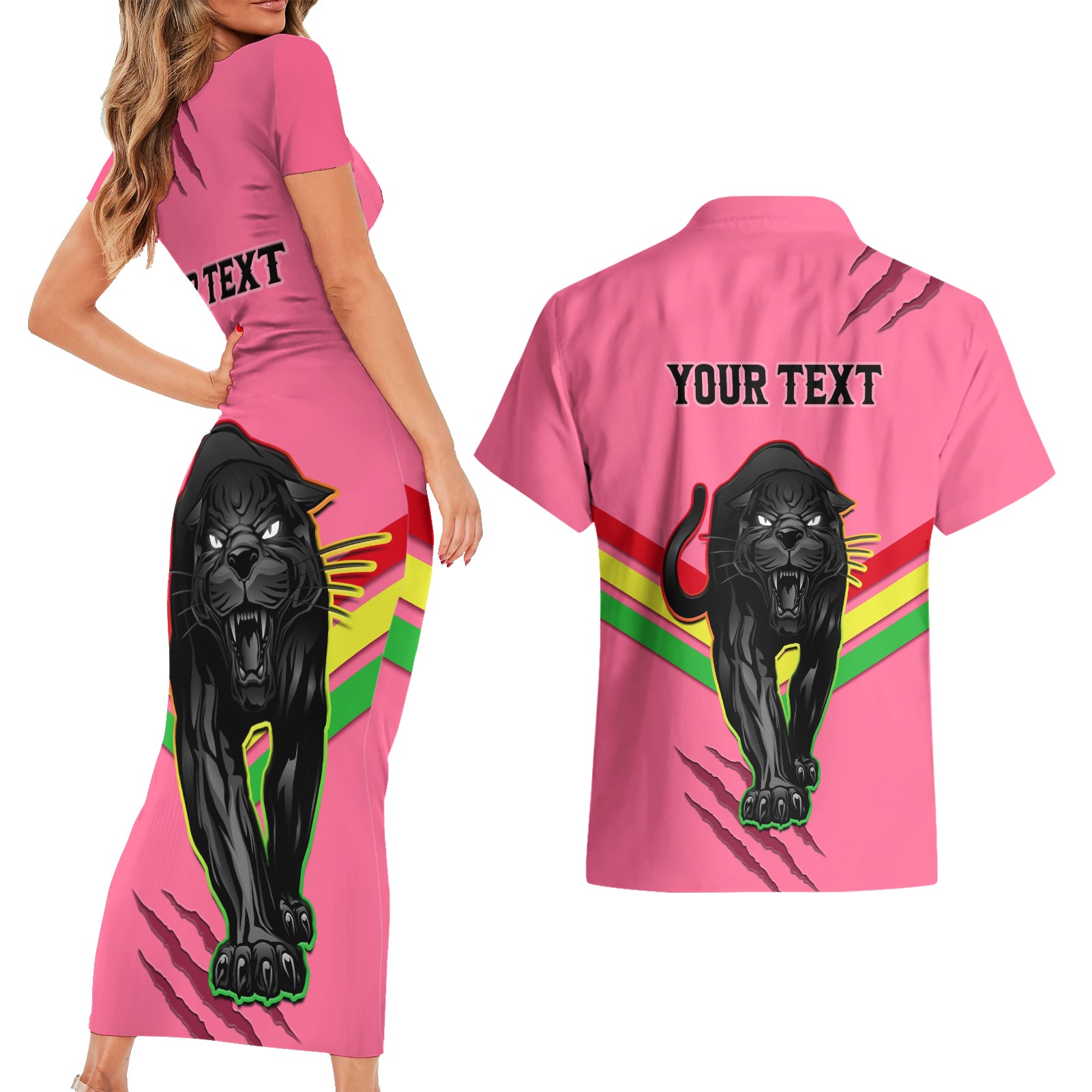 personalised-nrl-panthers-couples-matching-short-sleeve-bodycon-dress-and-hawaiian-shirt-premiers-2023-three-peat-proud-of-our-boys-pink