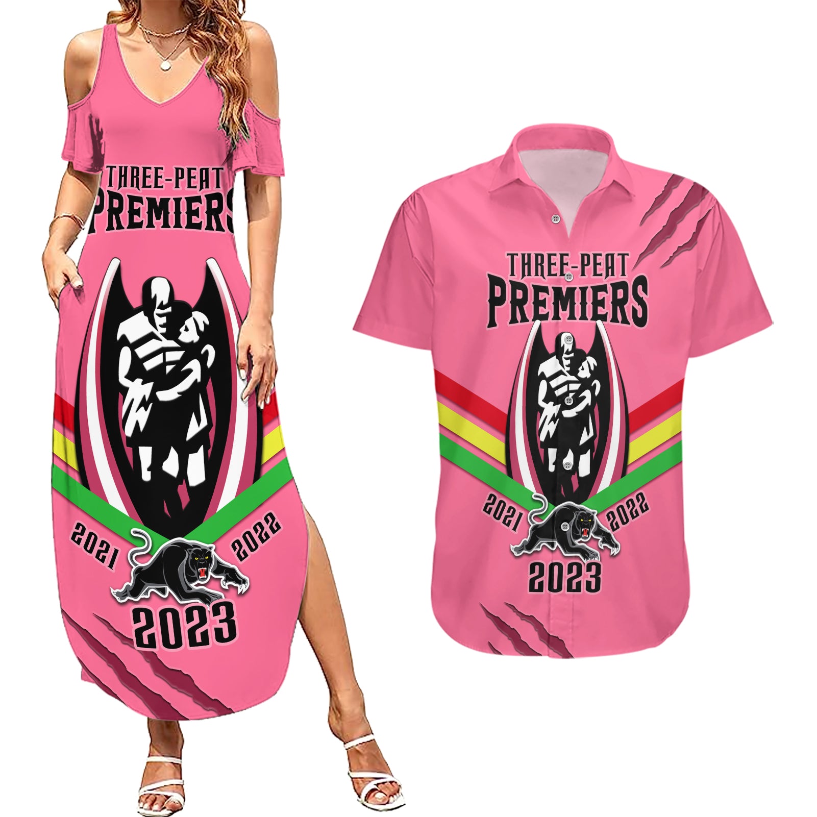 personalised-nrl-panthers-couples-matching-summer-maxi-dress-and-hawaiian-shirt-premiers-2023-three-peat-proud-of-our-boys-pink