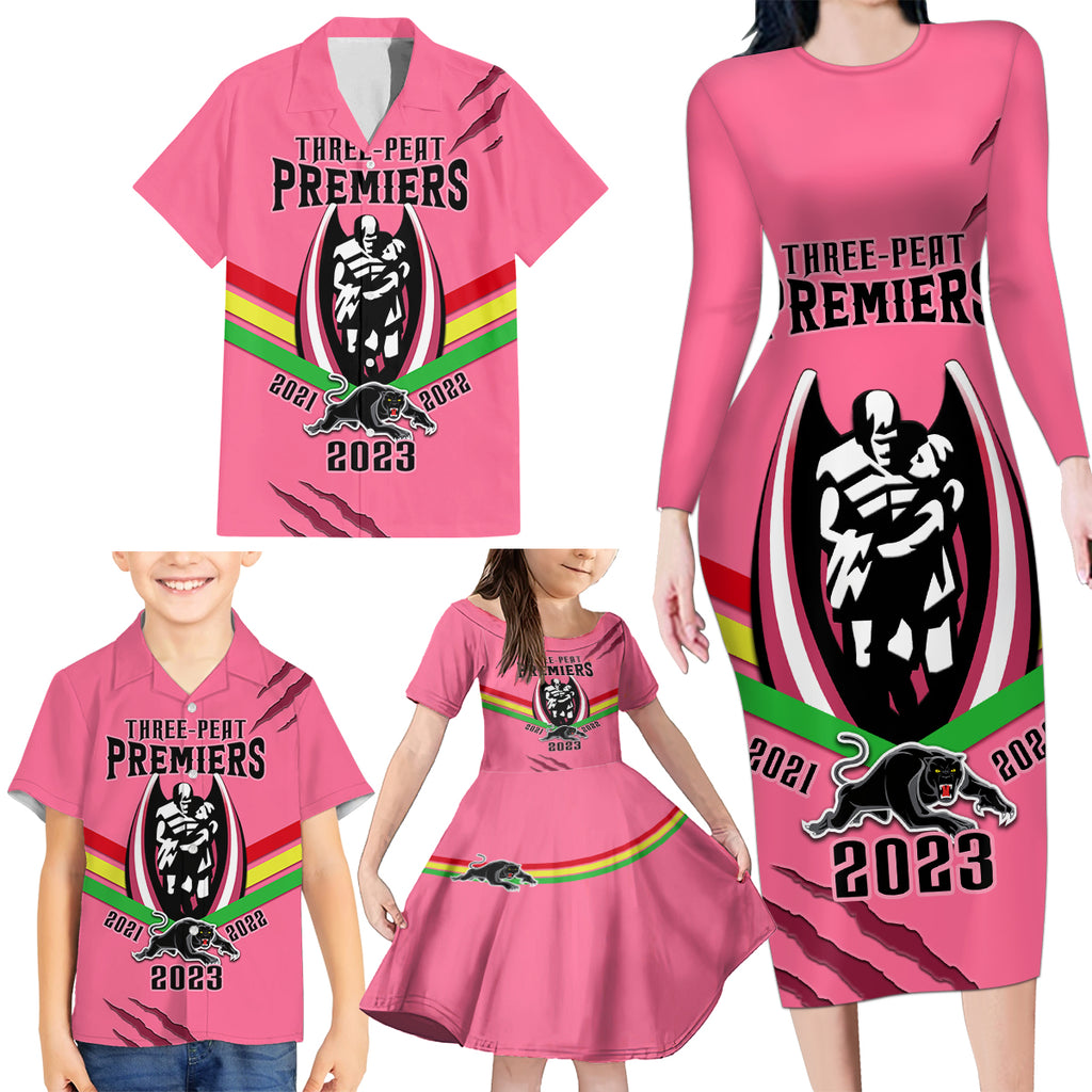 personalised-nrl-panthers-family-matching-long-sleeve-bodycon-dress-and-hawaiian-shirt-premiers-2023-three-peat-proud-of-our-boys-pink
