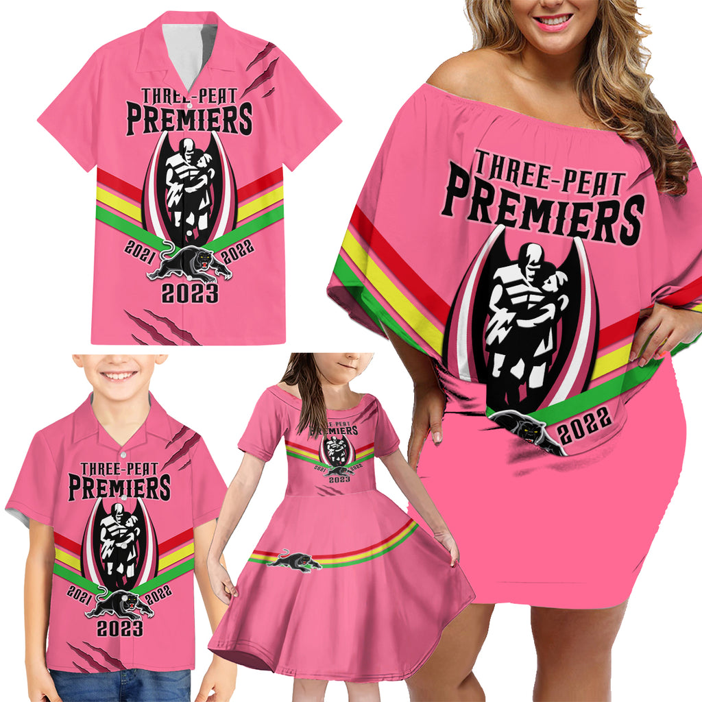 personalised-nrl-panthers-family-matching-off-shoulder-short-dress-and-hawaiian-shirt-premiers-2023-three-peat-proud-of-our-boys-pink