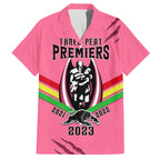 personalised-nrl-panthers-family-matching-off-shoulder-short-dress-and-hawaiian-shirt-premiers-2023-three-peat-proud-of-our-boys-pink