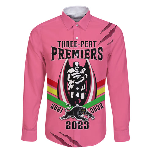 personalised-nrl-panthers-family-matching-off-shoulder-short-dress-and-hawaiian-shirt-premiers-2023-three-peat-proud-of-our-boys-pink