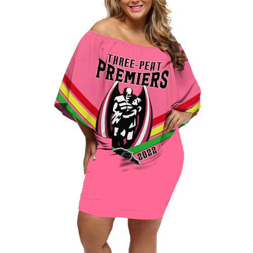 personalised-nrl-panthers-family-matching-off-shoulder-short-dress-and-hawaiian-shirt-premiers-2023-three-peat-proud-of-our-boys-pink