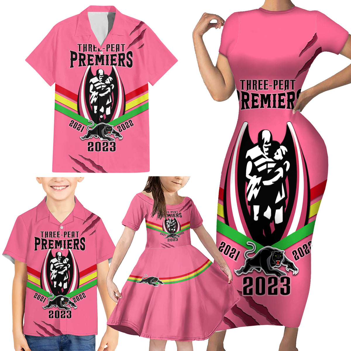 personalised-nrl-panthers-family-matching-short-sleeve-bodycon-dress-and-hawaiian-shirt-premiers-2023-three-peat-proud-of-our-boys-pink