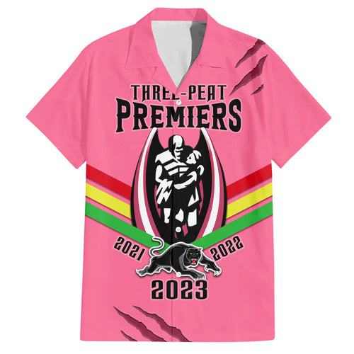 personalised-nrl-panthers-family-matching-short-sleeve-bodycon-dress-and-hawaiian-shirt-premiers-2023-three-peat-proud-of-our-boys-pink