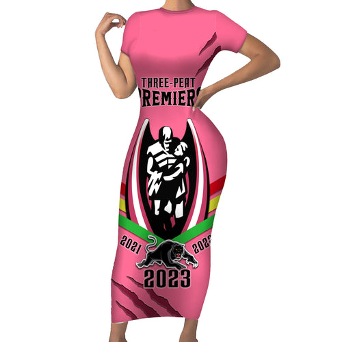 personalised-nrl-panthers-family-matching-short-sleeve-bodycon-dress-and-hawaiian-shirt-premiers-2023-three-peat-proud-of-our-boys-pink