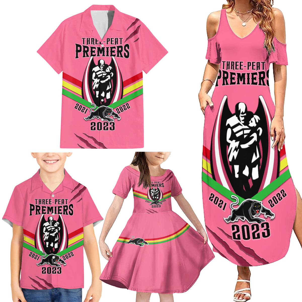 personalised-nrl-panthers-family-matching-summer-maxi-dress-and-hawaiian-shirt-premiers-2023-three-peat-proud-of-our-boys-pink
