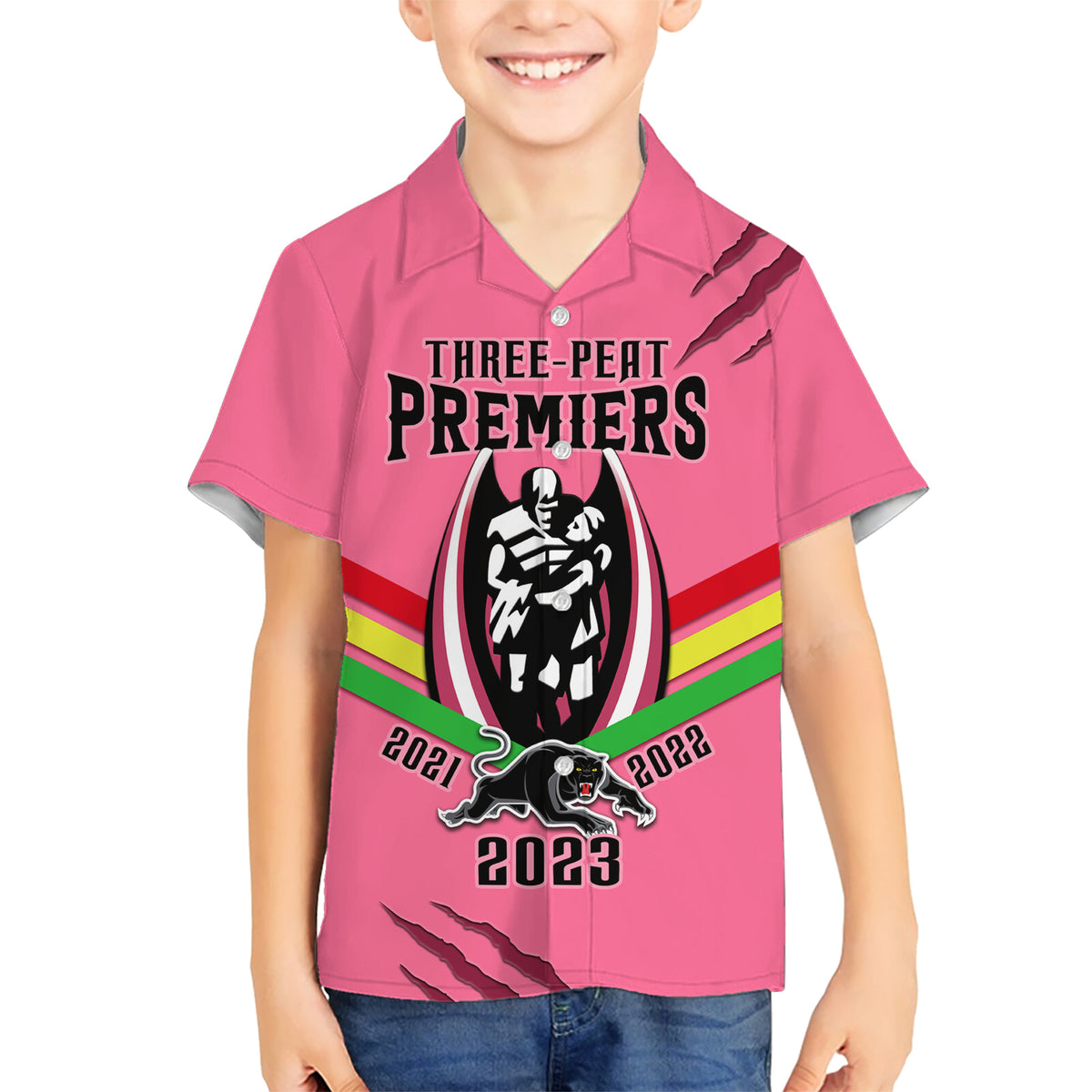 personalised-nrl-panthers-kid-hawaiian-shirt-premiers-2023-three-peat-proud-of-our-boys-pink