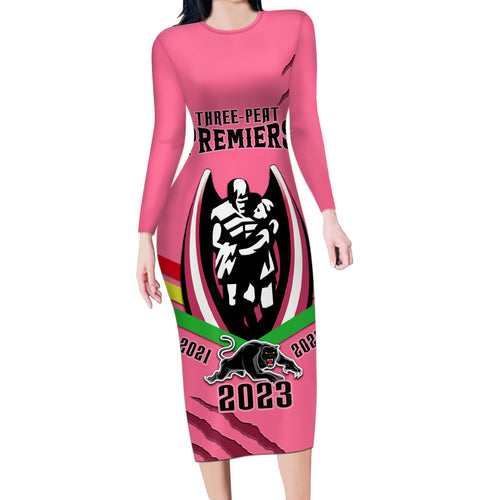 personalised-nrl-panthers-long-sleeve-bodycon-dress-premiers-2023-three-peat-proud-of-our-boys-pink