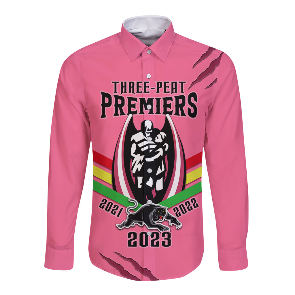 personalised-nrl-panthers-long-sleeve-button-shirt-premiers-2023-three-peat-proud-of-our-boys-pink