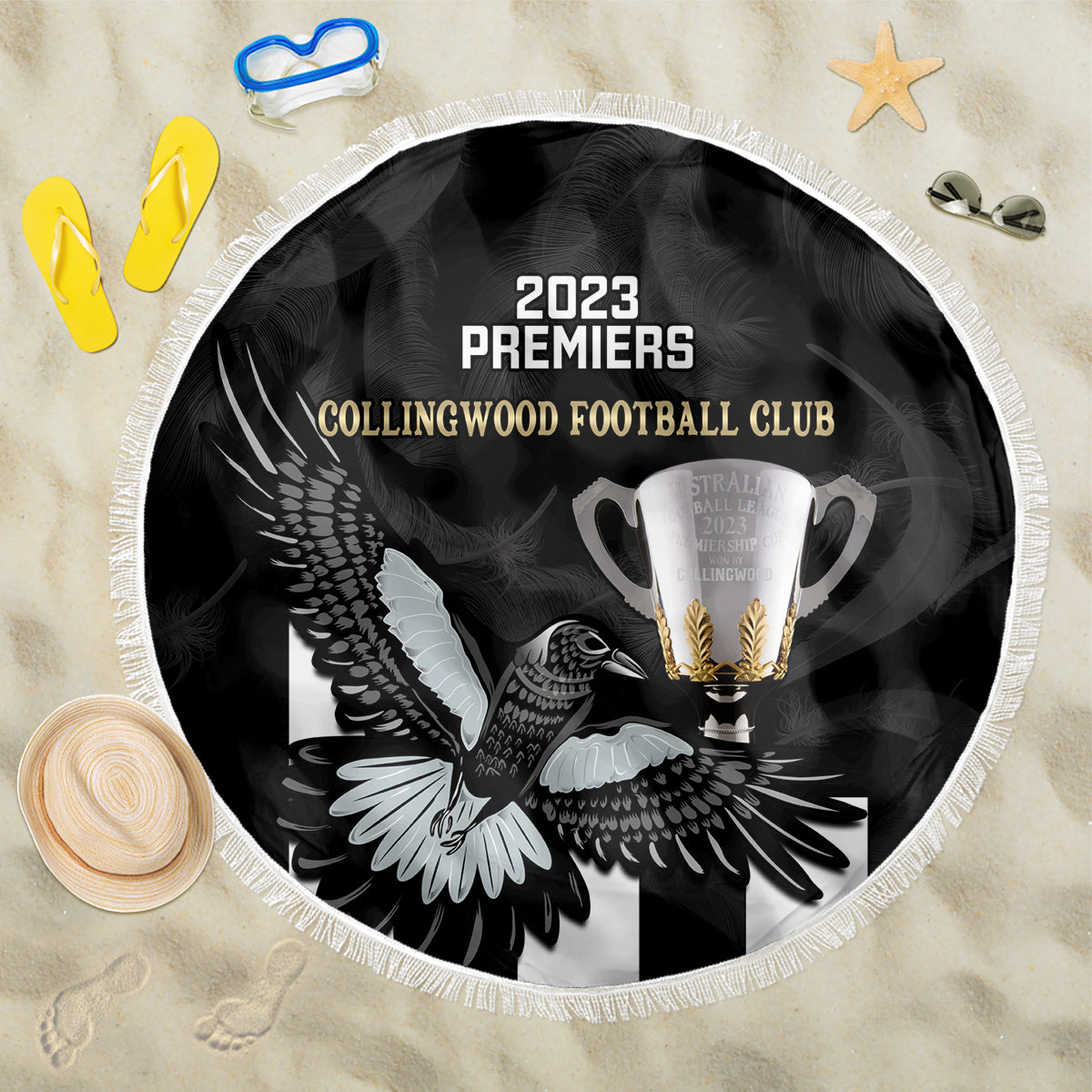 afl-collingwood-beach-blanket-magpies-premiers-2023-with-trophy-proud