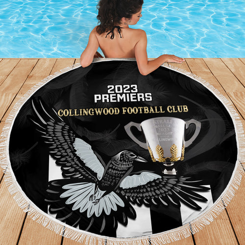 afl-collingwood-beach-blanket-magpies-premiers-2023-with-trophy-proud