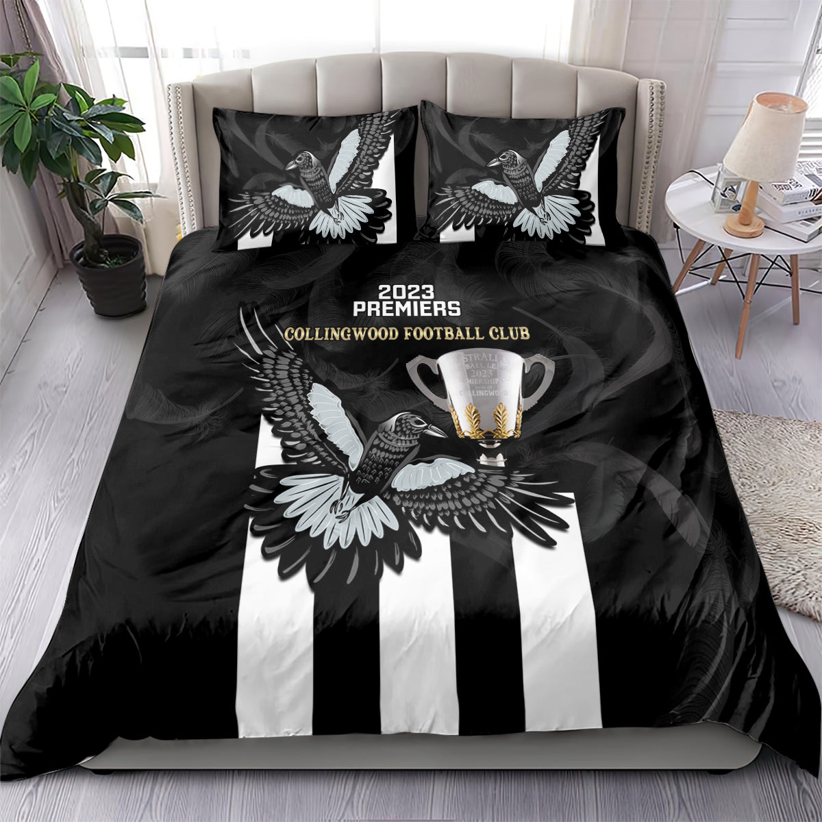 afl-collingwood-bedding-set-magpies-premiers-2023-with-trophy-proud