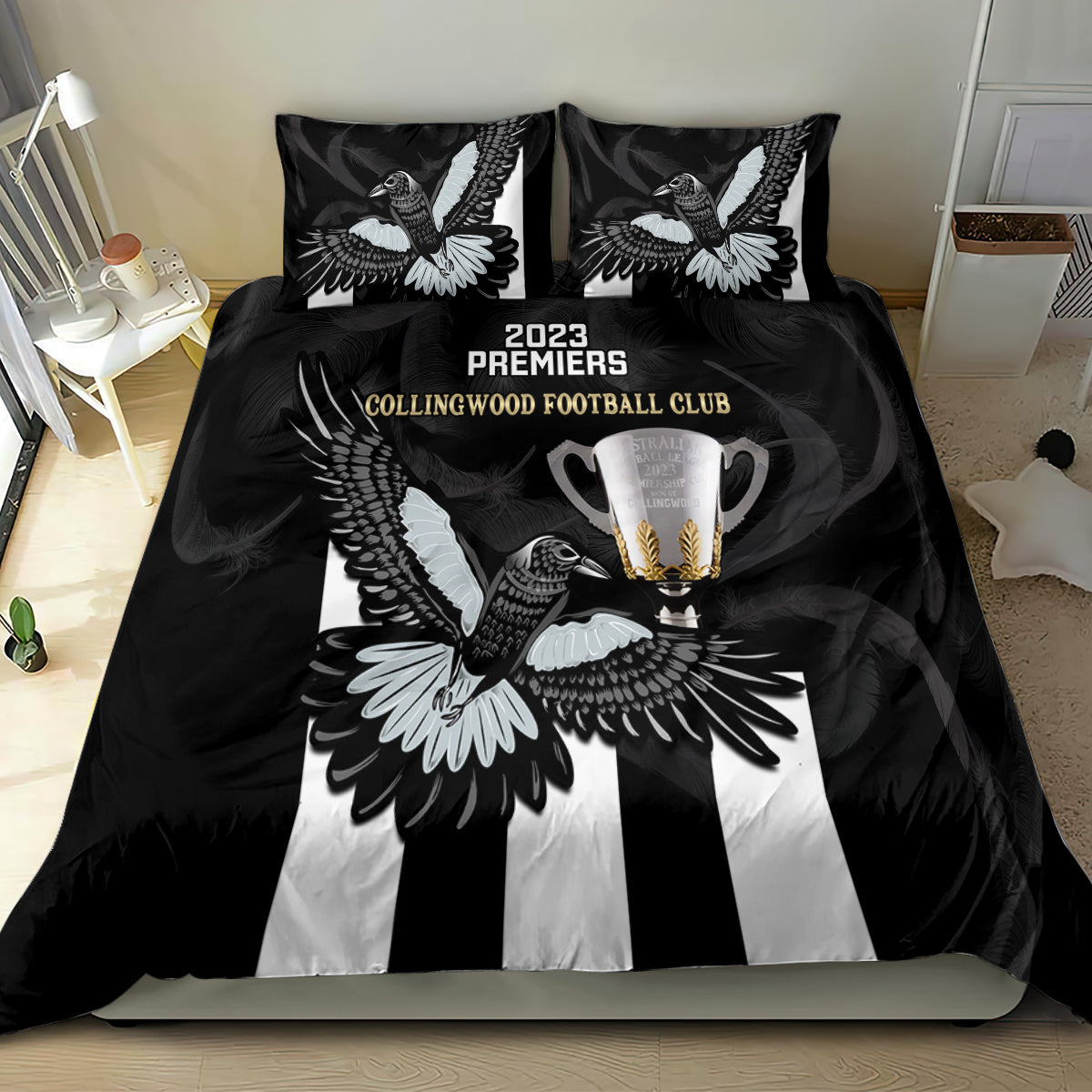 afl-collingwood-bedding-set-magpies-premiers-2023-with-trophy-proud