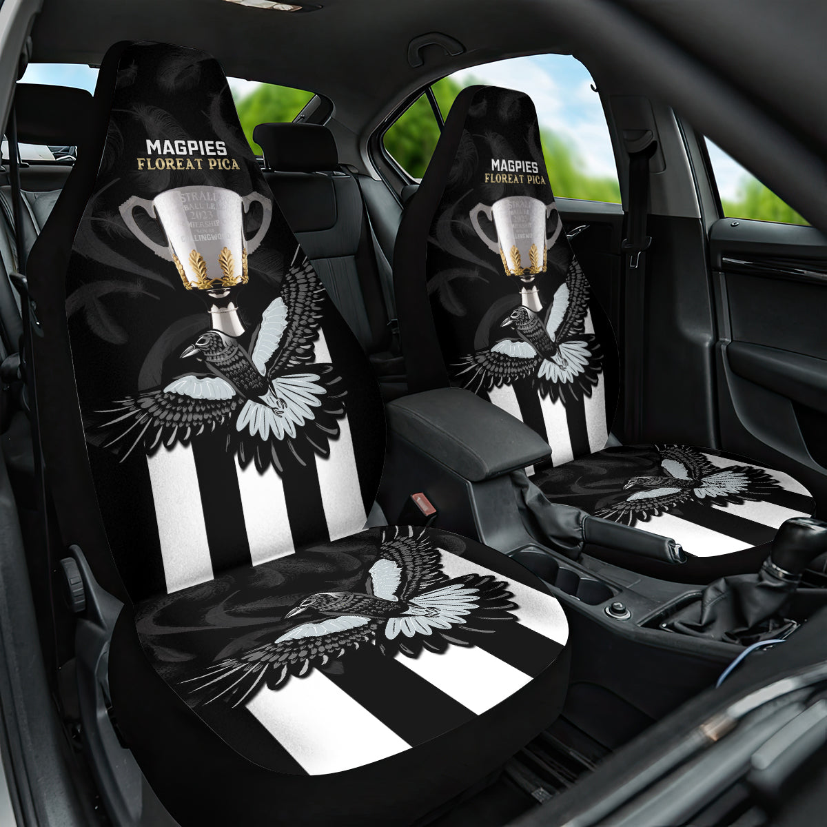 afl-collingwood-car-seat-cover-magpies-premiers-2023-with-trophy-proud