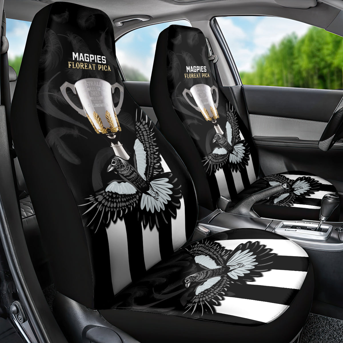 afl-collingwood-car-seat-cover-magpies-premiers-2023-with-trophy-proud