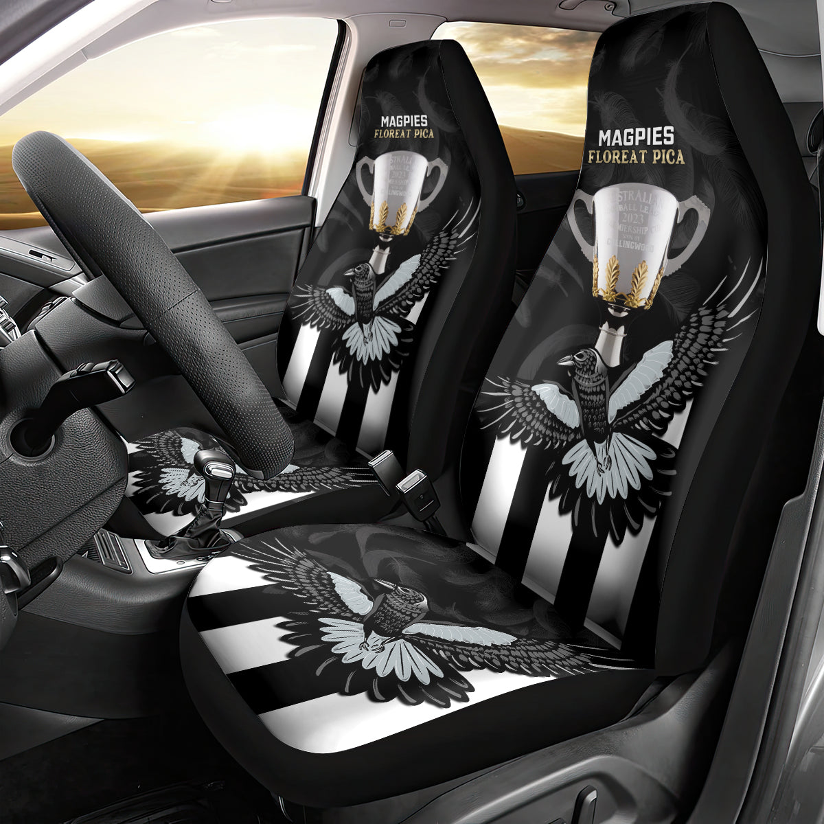 afl-collingwood-car-seat-cover-magpies-premiers-2023-with-trophy-proud