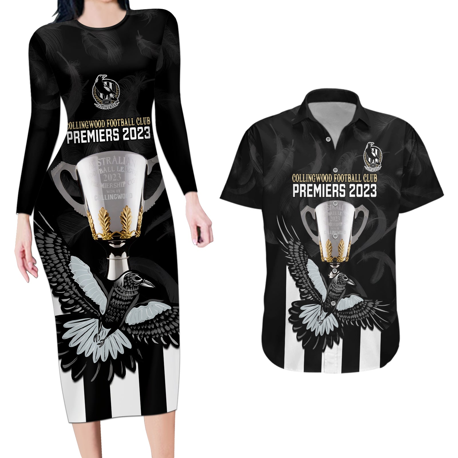afl-collingwood-couples-matching-long-sleeve-bodycon-dress-and-hawaiian-shirt-magpies-premiers-2023-with-trophy-proud