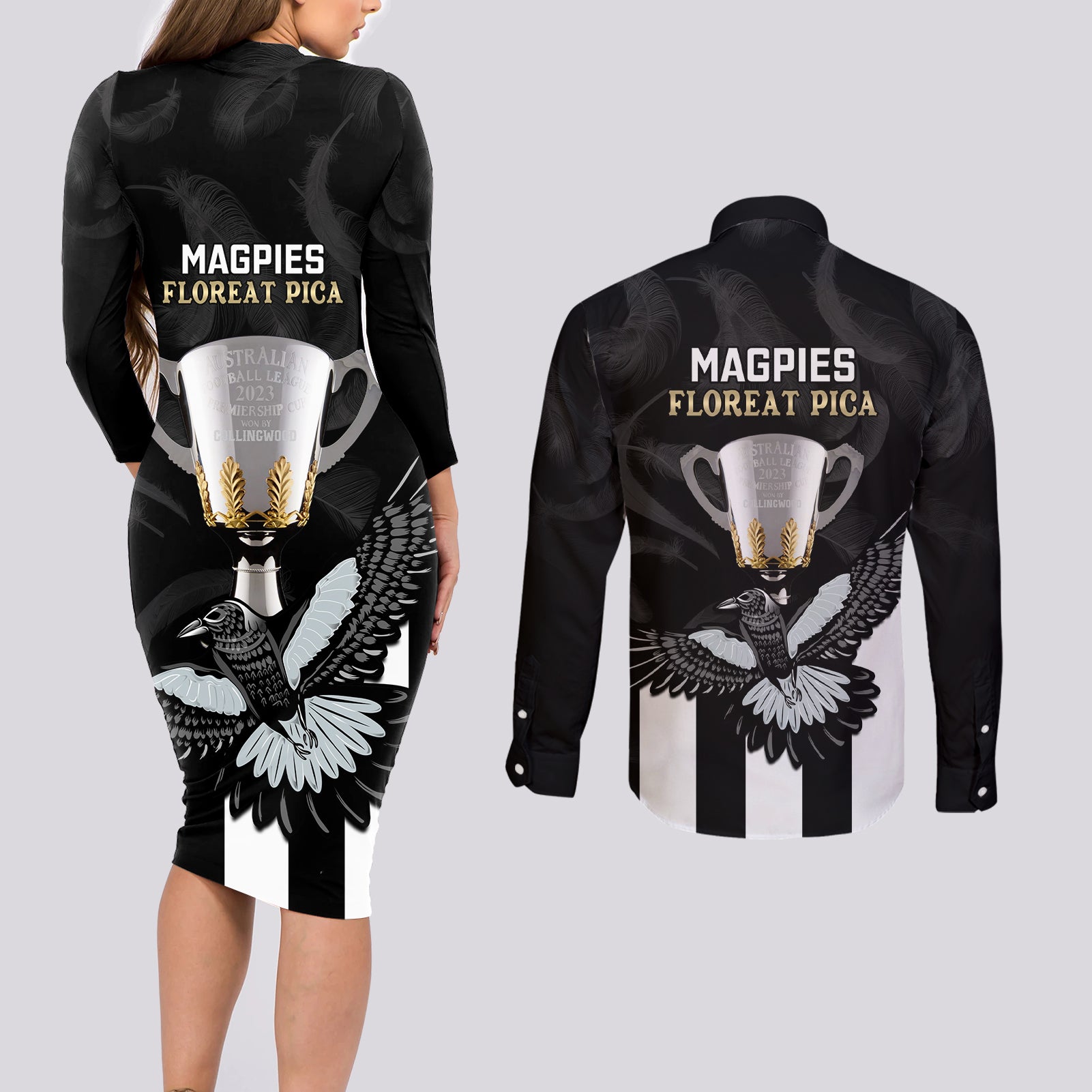 afl-collingwood-couples-matching-long-sleeve-bodycon-dress-and-long-sleeve-button-shirts-magpies-premiers-2023-with-trophy-proud