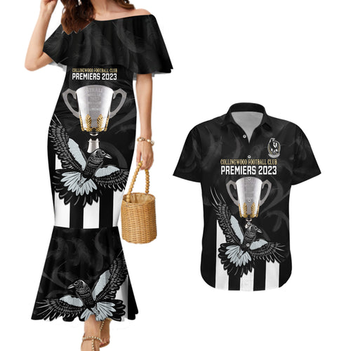 afl-collingwood-couples-matching-mermaid-dress-and-hawaiian-shirt-magpies-premiers-2023-with-trophy-proud