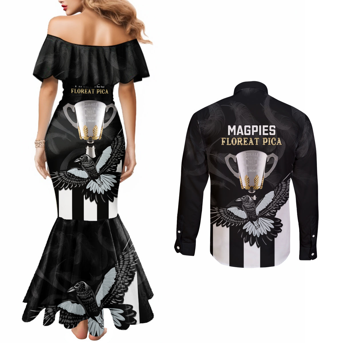 afl-collingwood-couples-matching-mermaid-dress-and-long-sleeve-button-shirts-magpies-premiers-2023-with-trophy-proud