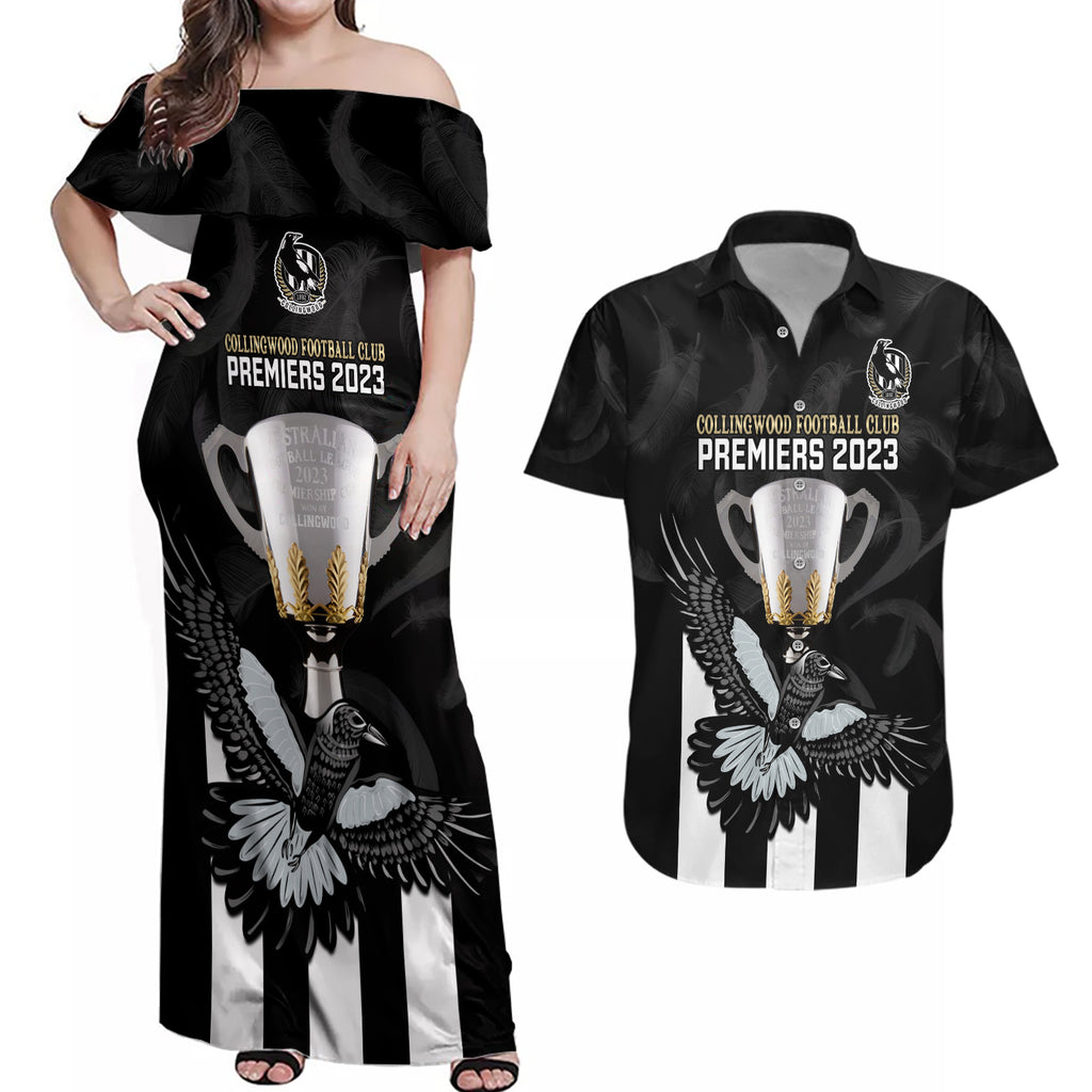 afl-collingwood-couples-matching-off-shoulder-maxi-dress-and-hawaiian-shirt-magpies-premiers-2023-with-trophy-proud