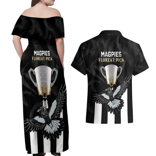 afl-collingwood-couples-matching-off-shoulder-maxi-dress-and-hawaiian-shirt-magpies-premiers-2023-with-trophy-proud