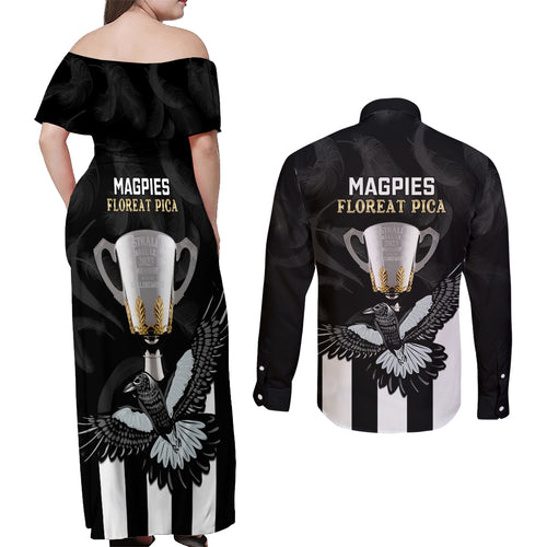 afl-collingwood-couples-matching-off-shoulder-maxi-dress-and-long-sleeve-button-shirts-magpies-premiers-2023-with-trophy-proud
