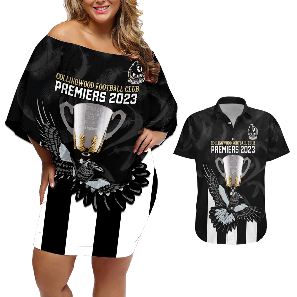 afl-collingwood-couples-matching-off-shoulder-short-dress-and-hawaiian-shirt-magpies-premiers-2023-with-trophy-proud