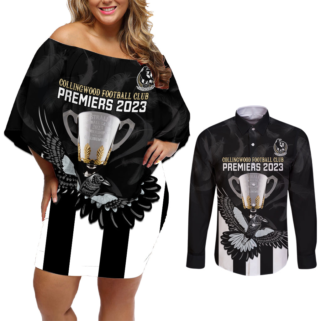 afl-collingwood-couples-matching-off-shoulder-short-dress-and-long-sleeve-button-shirts-magpies-premiers-2023-with-trophy-proud