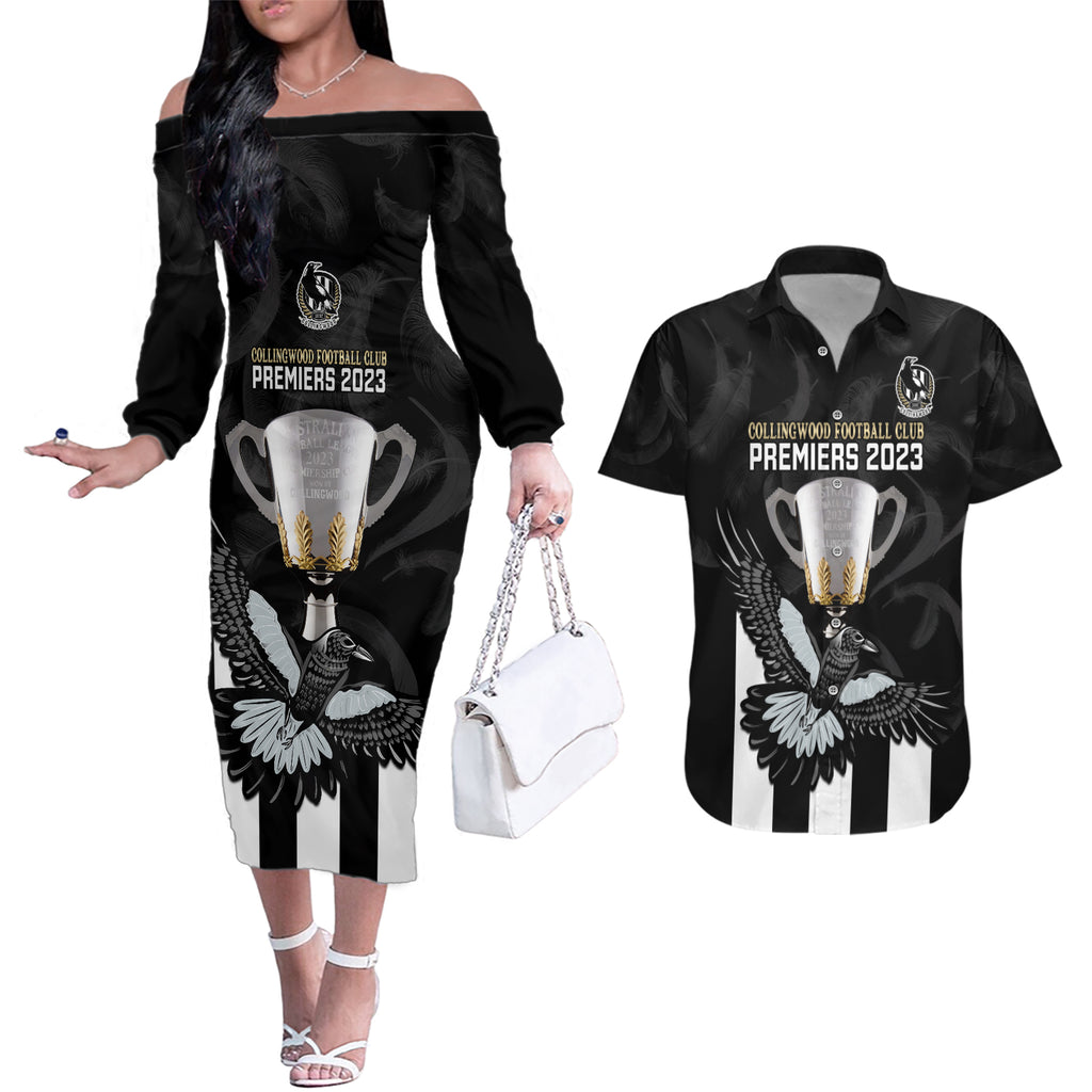 afl-collingwood-couples-matching-off-the-shoulder-long-sleeve-dress-and-hawaiian-shirt-magpies-premiers-2023-with-trophy-proud