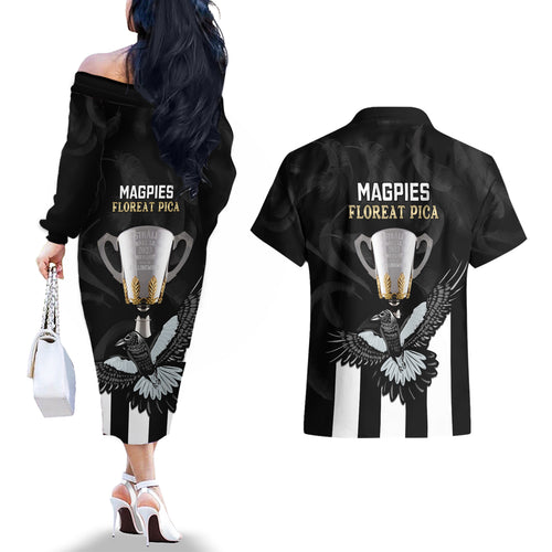 afl-collingwood-couples-matching-off-the-shoulder-long-sleeve-dress-and-hawaiian-shirt-magpies-premiers-2023-with-trophy-proud
